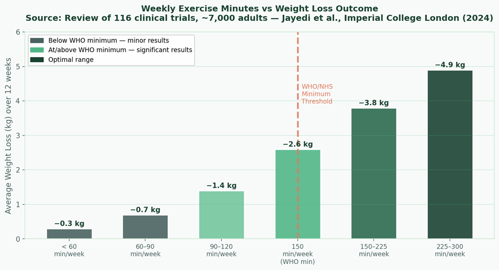 Bar chart showing weekly exercise minutes versus weight loss over 12 weeks, indicating minimal results below 90 minutes, moderate loss at 90&ndash;150 minutes, and significantly greater fat loss above the WHO-recommended 150 minutes per week, with optimal results at 225&ndash;300 minutes.